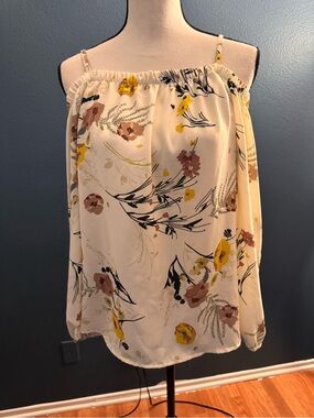 Cream Floral Cold-Shoulder Blouse with Yellow Accents